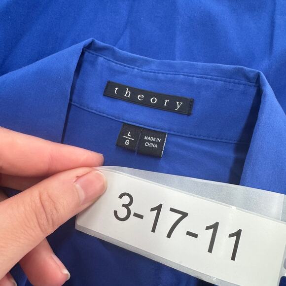 Theory Top Womens Large Blue Trisama Collared Button Down Blouse Cotton Blend - Picture 3 of 8